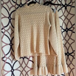 Vintage 1970s- Handmade Cream Knit Sweater and Skirt Set- Never been worn